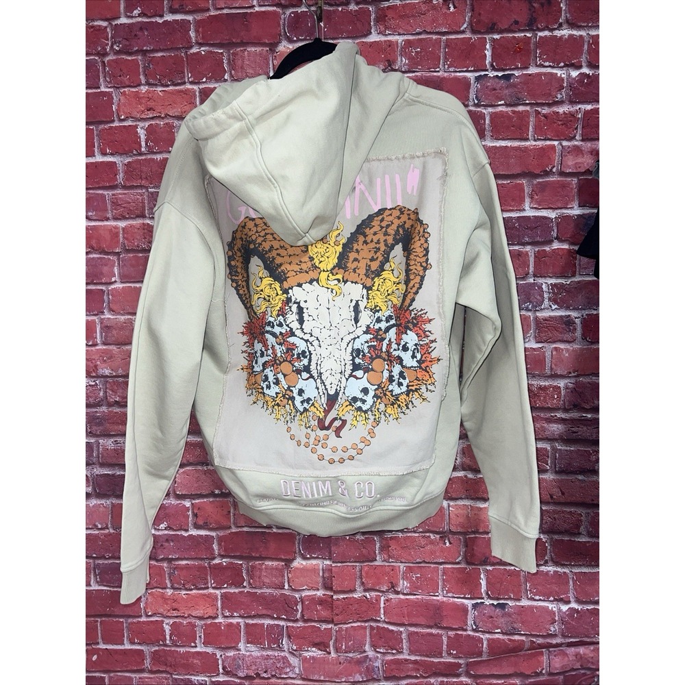 Gunzinii Denim & Co Beige Ram Skull Graphic Full Zip Hoodie Mens Streetwear
